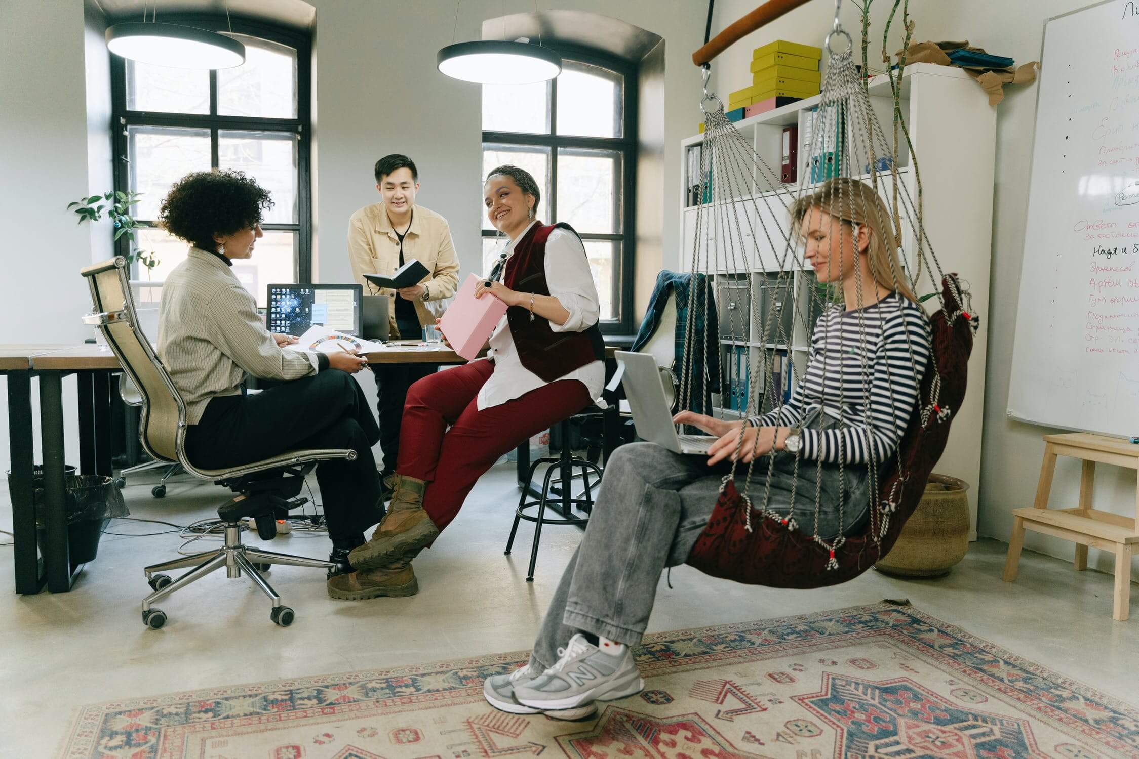 a group of people sitting in chairs