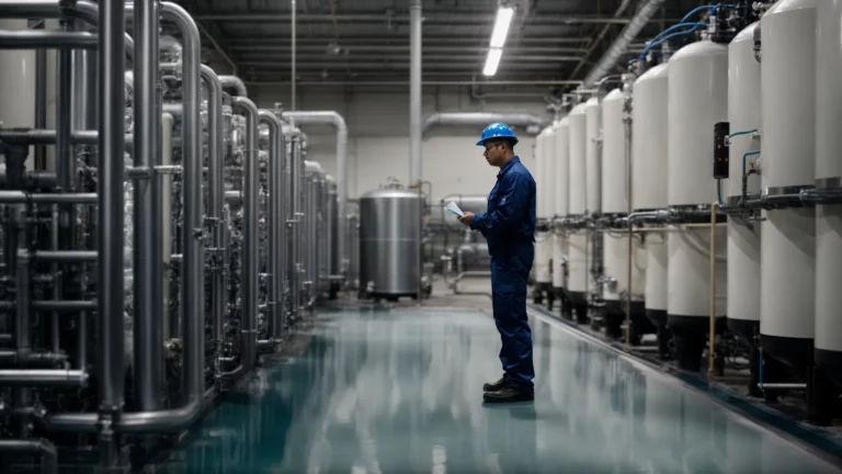 a maintenance technician inspects a large, industrial reverse osmosis system at a water treatment facility.