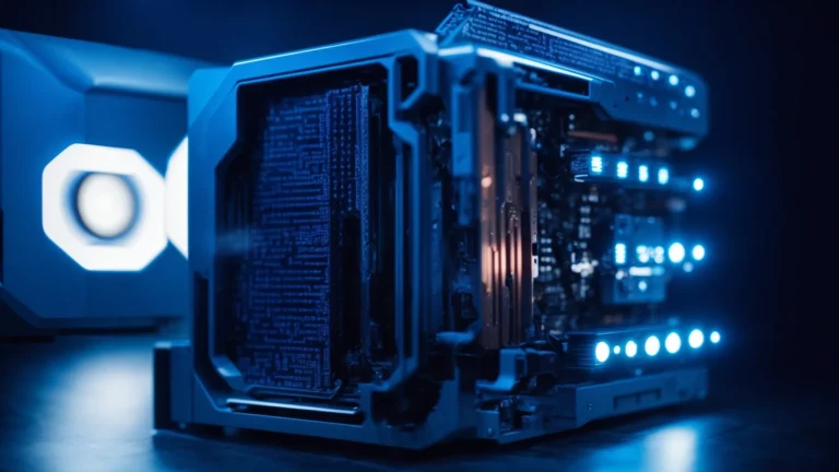 a computer hard drive beside a robot head illuminated by blue light, symbolizing advanced artificial intelligence technology.