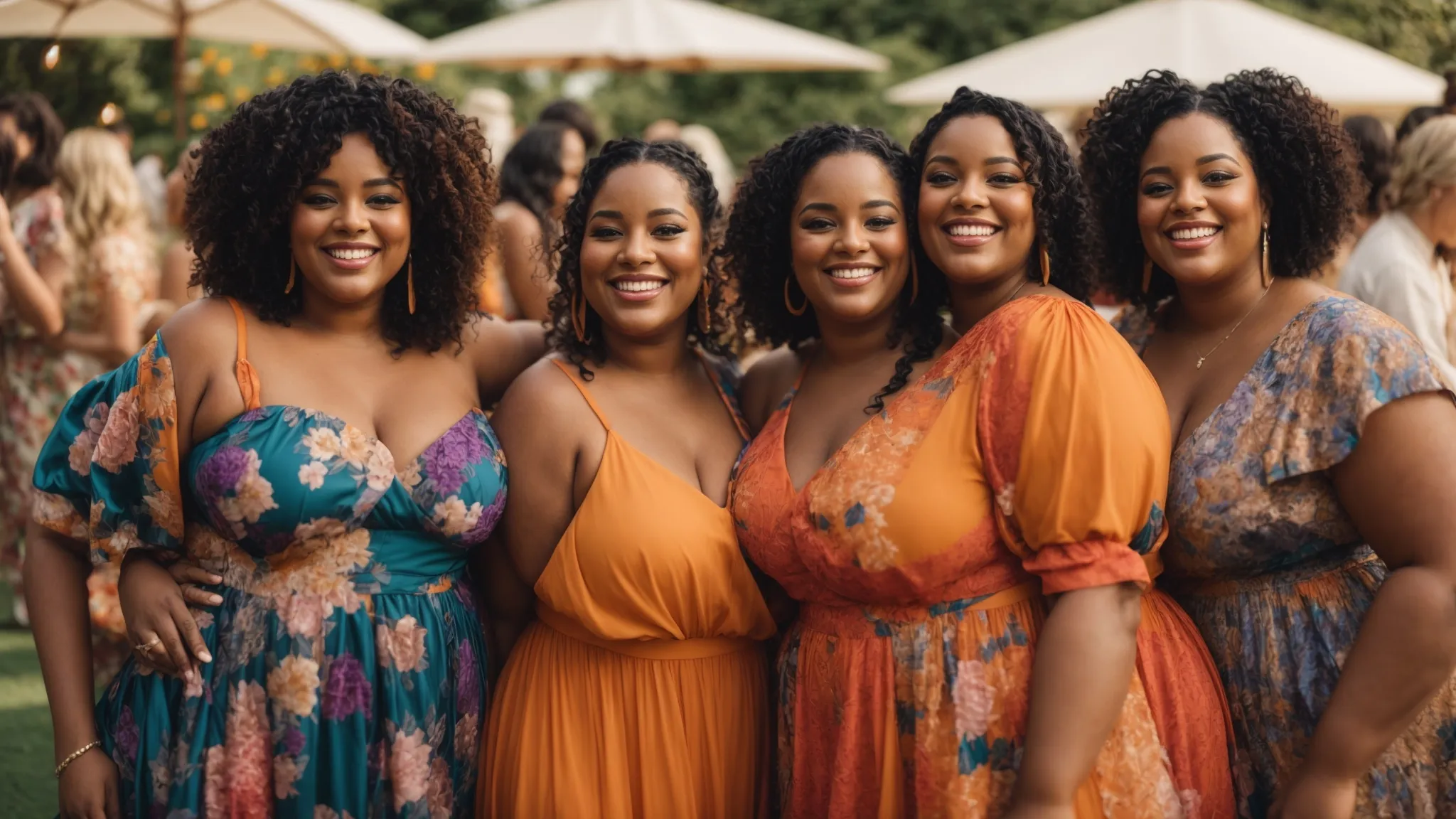 a group of confident plus size women in vibrant, flowing dresses socialize at a garden party, their smiles as bright as the colorful fabric.