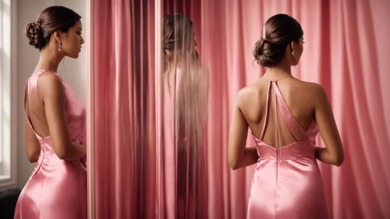a woman admires herself in a mirror, her reflection showcasing the elegant, flowing lines of her new pink cocktail dress.