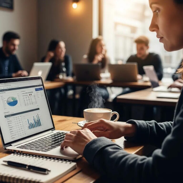 Person analyzing economic reports in a coffee shop setting