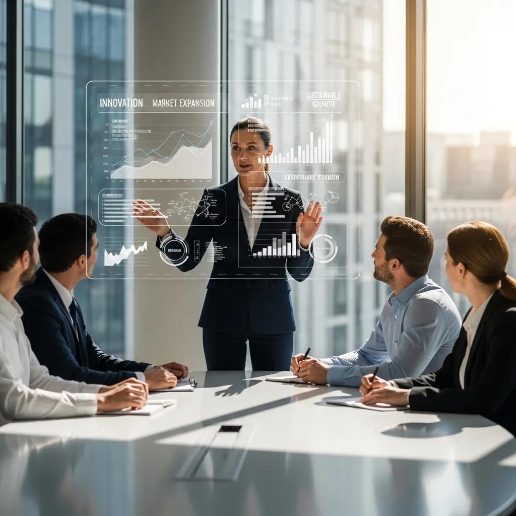 Business leader presenting a strategic plan to a team, emphasizing innovation and growth